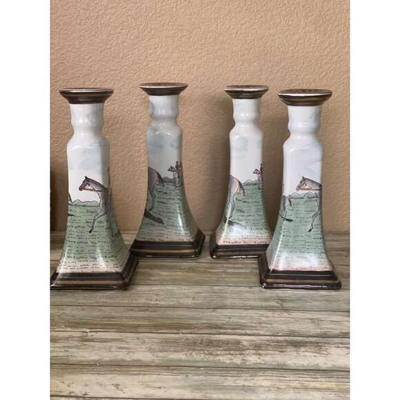 4 X Vintage Equestrian Horse Rider Porcelain Candlestick Holders Hand Painted - Picture 2 of 12